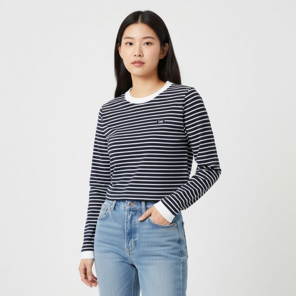ウーマン ストライプ 長袖 Tシャツ ネイビー