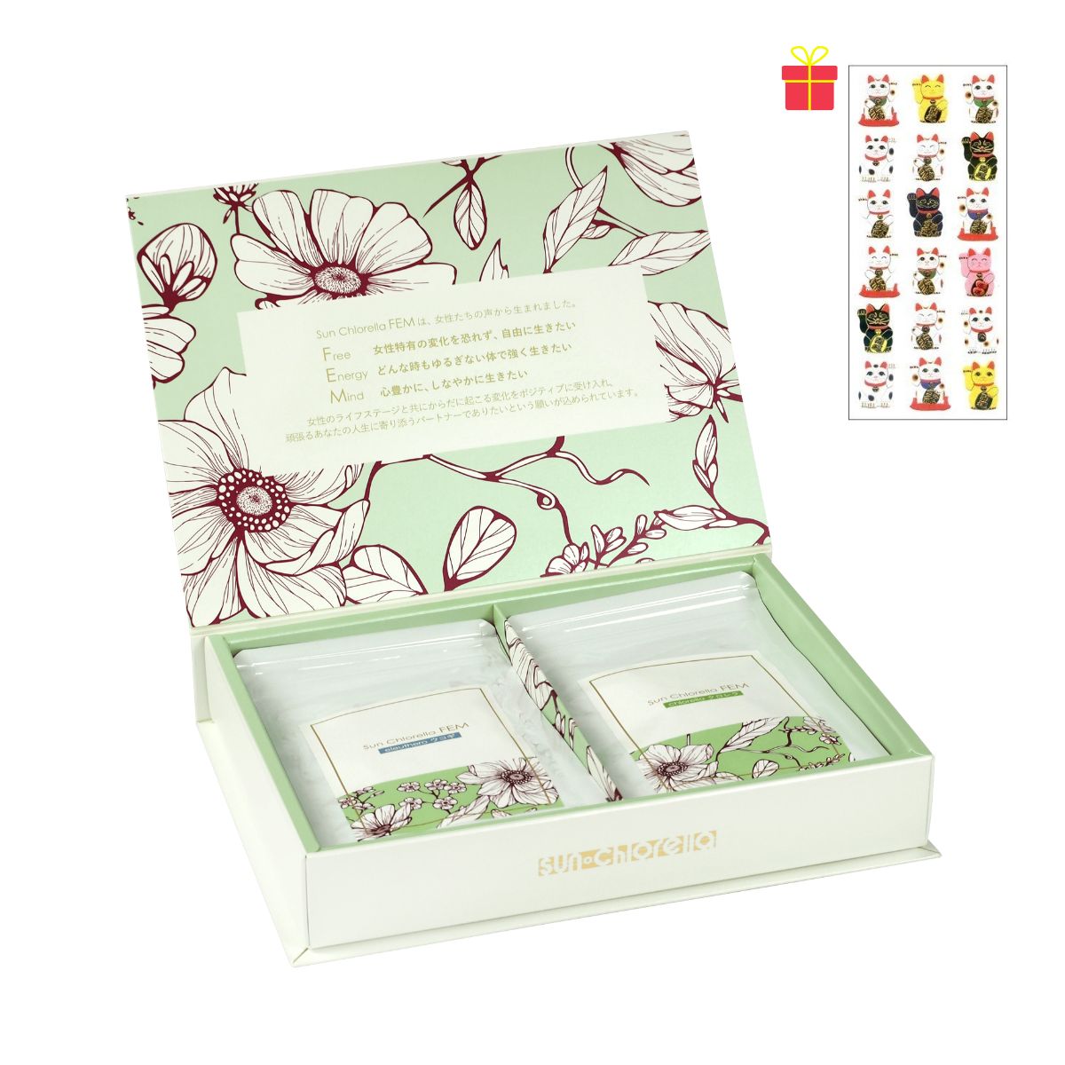 サンクロレラFEM 30日分（合計:クロレラ3袋ウコギ3袋）【金運招き猫シール1枚付】フェムケア フェムテック 健康食品 サプリメント 自然由来