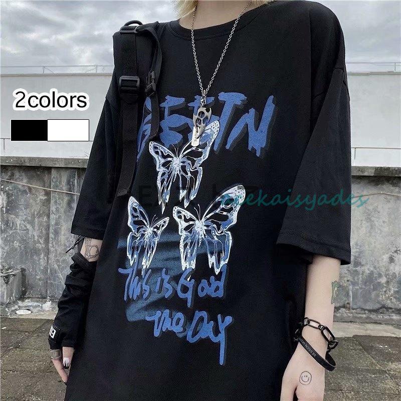 【2025新作SALE】青いインク蝶々tシャツ 病みかわいい地雷系 原宿暗い系ストリート系