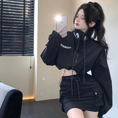 トップス スカート ブルゾン ジャージ ミニスカート ショート丈 袖あり 長袖 襟付き スタンドカラー デザイン 美ライン ストリート ウエストマーク ファスナー 前開き ドローコード バイカラー