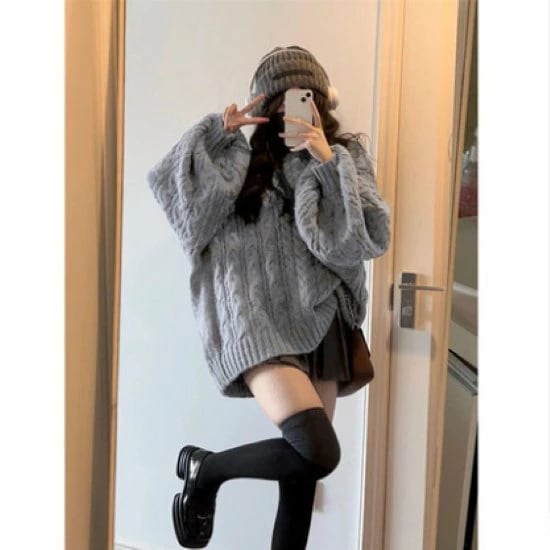 ニットトップス レディース セーター トップス ニット Ｖネック ルーズ オーバーシルエット ボリューム袖 長袖 カジュアル お出掛け おしゃれ プルオーバー ケーブル編み ツイスト模様