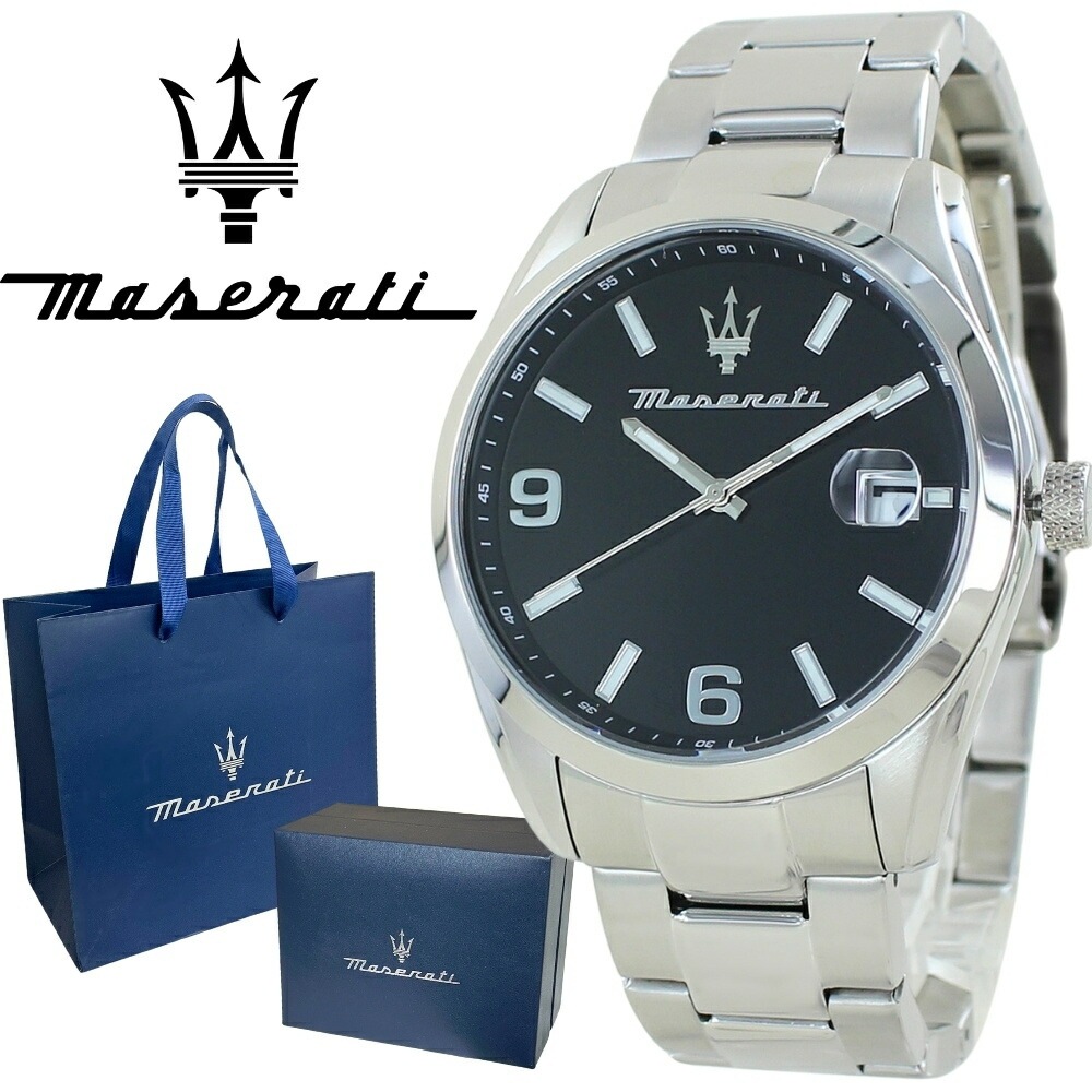正規品 純正ショッパー付き マセラティ 腕時計 メンズ 日付 ブラック文字盤 シルバー ステンレス シンプル 高級感 プレゼント ビジネス カジュアル ブランド ウォッチ 男性 誕生日 記念日 ギフト