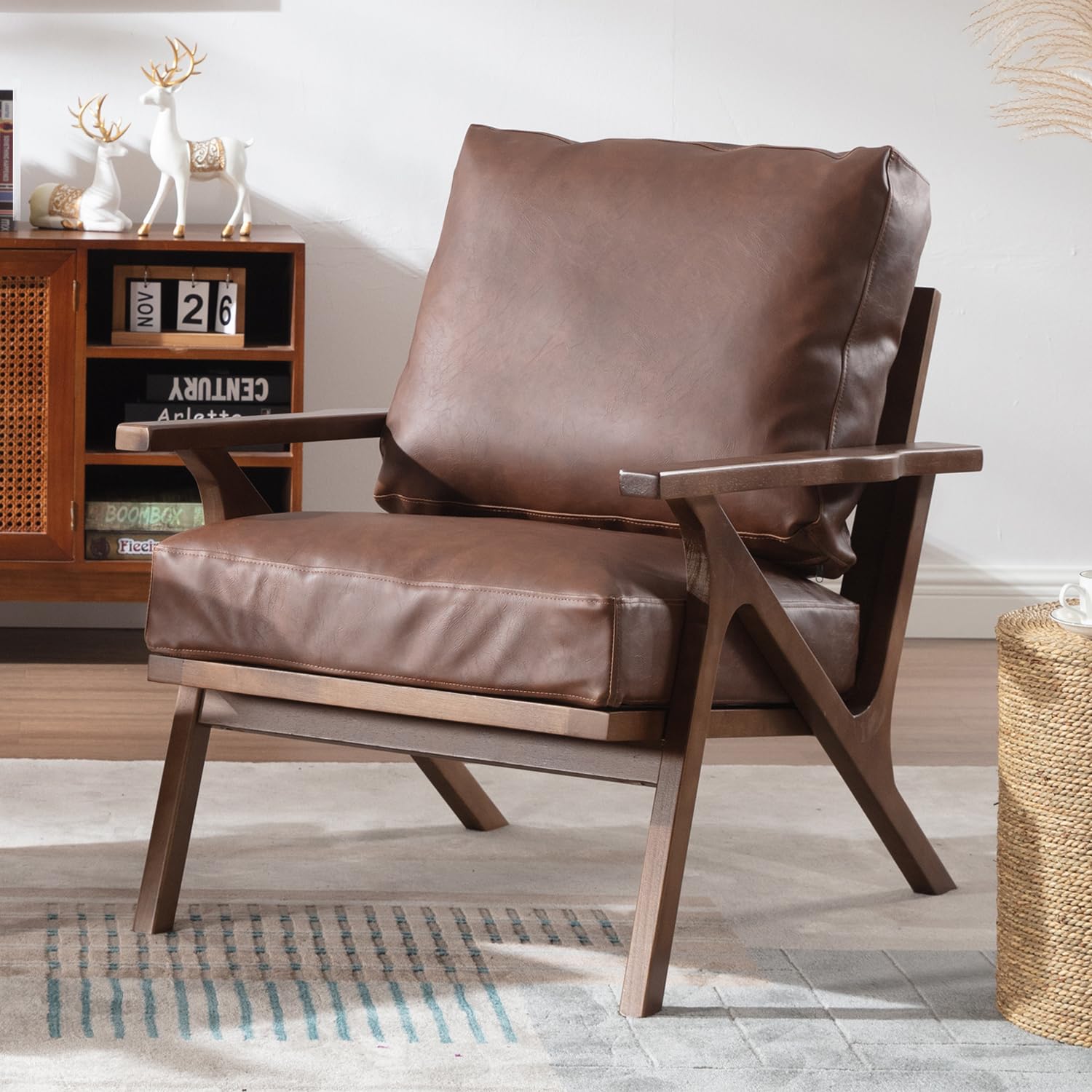 ソファ 1人掛け 一人ソファー カウチ ソリッドウッドチェア 肘掛け付きソファー 天然木 おしゃれ 一人かけ ソファチェア ゆったり (ブラウン)