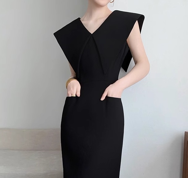 ドレス ワンピース ウェディング パーティー 結婚式 二次会 披露宴 演奏会 発表会 ステージ 舞台 フォーマル キャバ ダンス 謝恩会 ラウンジ クラブ ミモレ フレンチスリーブ Vネック 襟なし