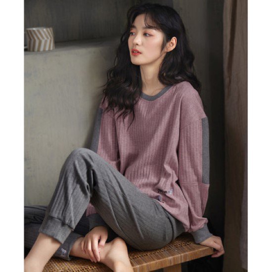 ルームウェア レディース パジャマ 部屋着 寝巻き おうち服 長袖長ズボン 上下セット 2点セット ラウンドネック プルオーバー コットン 綿 リラックス カジュアル ツーピース 6,004円