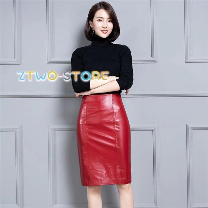 【急速出荷!】スカートミディアムスカート膝丈ペンシルスカート 皮スカート スカート ハイウエスト ミディアム丈革スカート ラムレザー タイトスカート 羊革