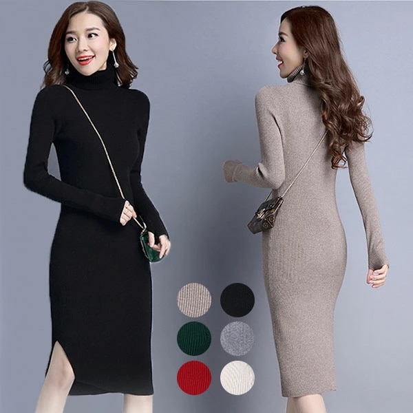 ニットワンピース スリット ロングワンピース タイトワンピース タートルネック 膝丈 ハイネック レディース 長袖 秋 冬 大きいサイズ 大人 エレガント 通勤 オフィス OL 上品 着痩せ 小顔 通