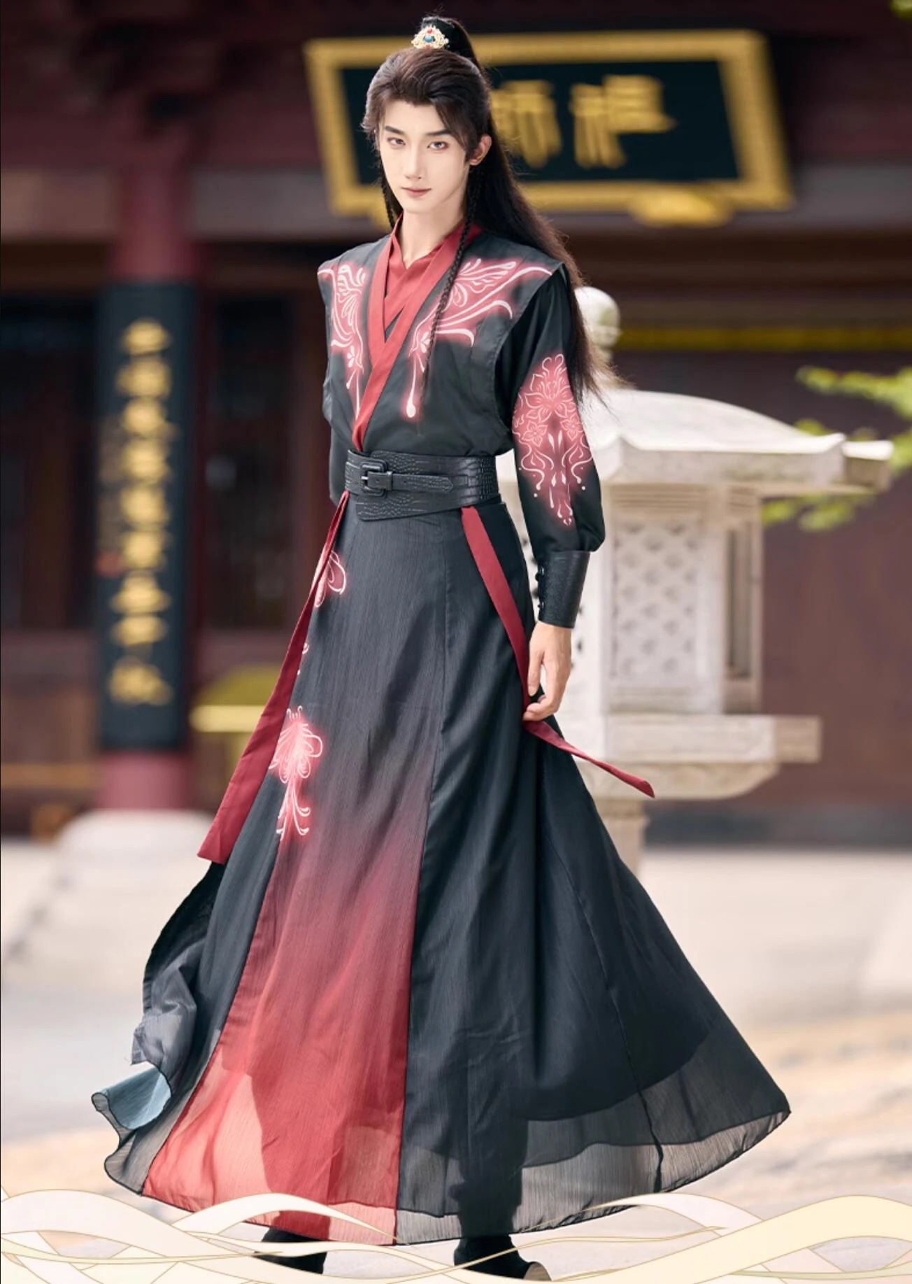 メンズ 漢服 5点セットアップ おしゃれ 暗黒 武侠風 チャイナ服 中国古代服装 男性 大人 ジュニア 蛍光感のプリント 黒に赤 緑 動きやすい 交差襟の小袖ブラウス ベスト 袴風巻きスカート ベルト