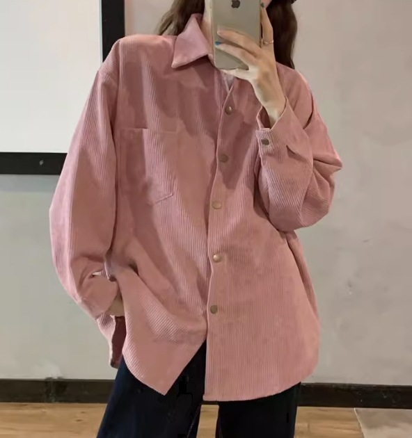 レディース トップス ミディアム丈 ポロカラー ボタン アメカジ 中厚手 コーデュロイ シンプル カジュアル おしゃれ かっこいい ラフ ボーイッシュ ルーズ 主役級 存在感 アメリカン カントリー