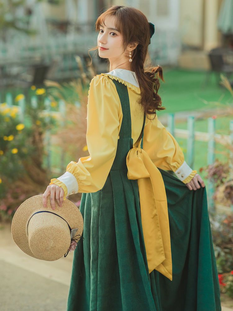 ヴィンテージアカデミースタイルドールカラー長袖シャツサスペンダービッグスイングスカートツーピーススーツロリータ