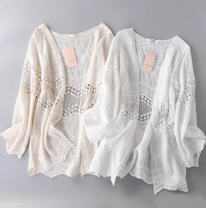 トップス レディース ニット カーディガン ミディアム 七分袖 長袖 レース クロシェ 透け感 涼しい30%までに制限