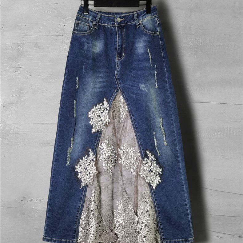 スカート ボトムス デニムスカート ロング丈 Aライン レース 刺繍 ファスナー ポケット ハイウエスト デニム 大人可愛い きれいめ 上品 おしゃれ 大人女子 こなれ感 ラブリー セクシー