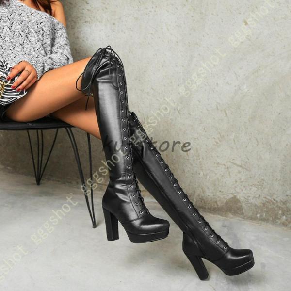 サイハイブーツ 黒 編み上げ レースアップ 厚底 美脚 ニーハイブーツ ロングブーツ ロング ブーツ ヒール 疲れない 歩きやすい 痛くない ハイヒール 太ヒール