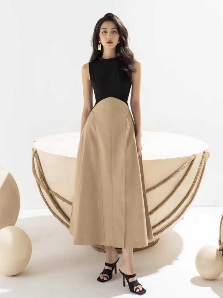 夏パーティードレスノースリーブリネンワンピースワンピース 夏 切り替え ノースリーブ ウエスト引き締め ロングワンピース 気質 ドレス 高級感 体型カバー 着痩せキャミワンピース