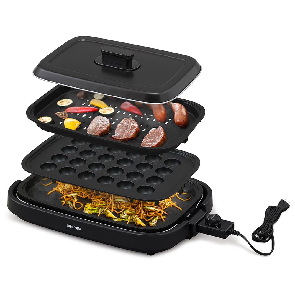 ホットプレート ブラック 網焼き風ホットプレート 3枚焼き シンプル 焼肉 たこ焼き IHA-A30-B
