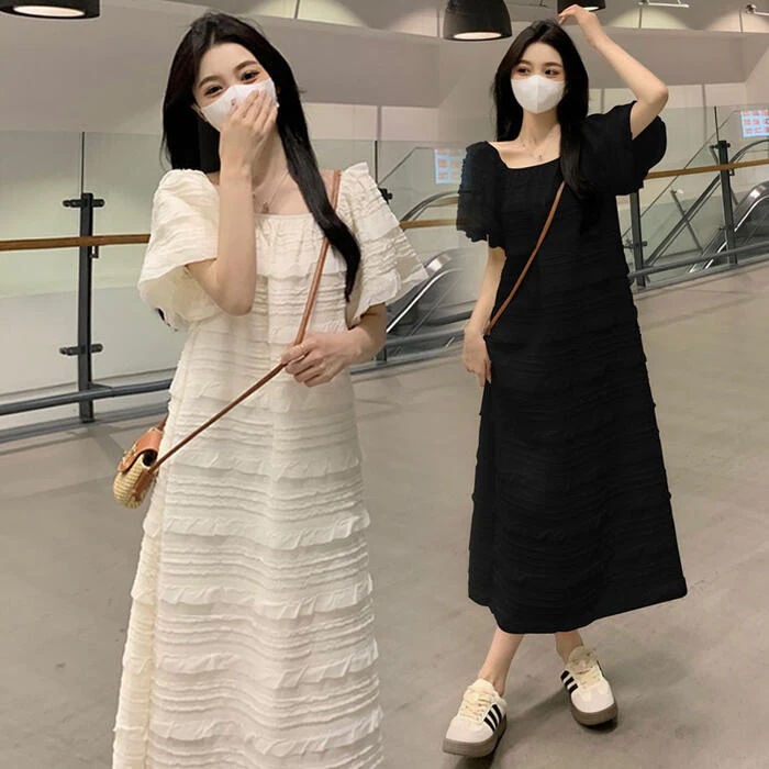 工ガ割-ワンピース ワンピ ドレス フリル レディース エレガント きれいめ カジュアル 半袖 大人 可愛い フェミニン Aライン ロング丈 ナチュラル スクエアネック オフショルダー ゆったり リラ