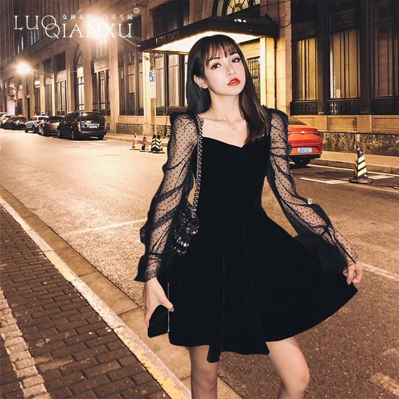 2025新型ヘボン黒スカート超アンドロメダ森系レースメッシュベルベット黒春秋ワンピース