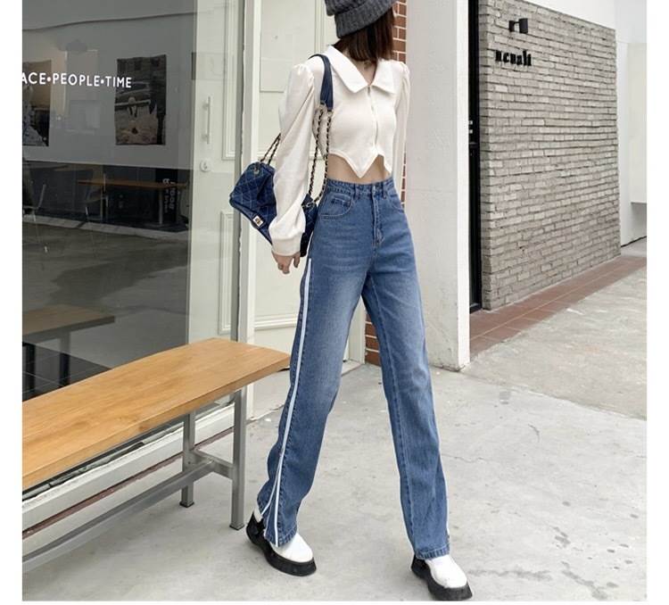 デニム レディース パンツ ボトムス ハイウエスト ジッパー ポケット 個性的 マニッシュ ボーイッシュ バイカラー サイドライン デニムパンツ ワイドパンツ ブルーデニム ブルー トレンド 可愛い