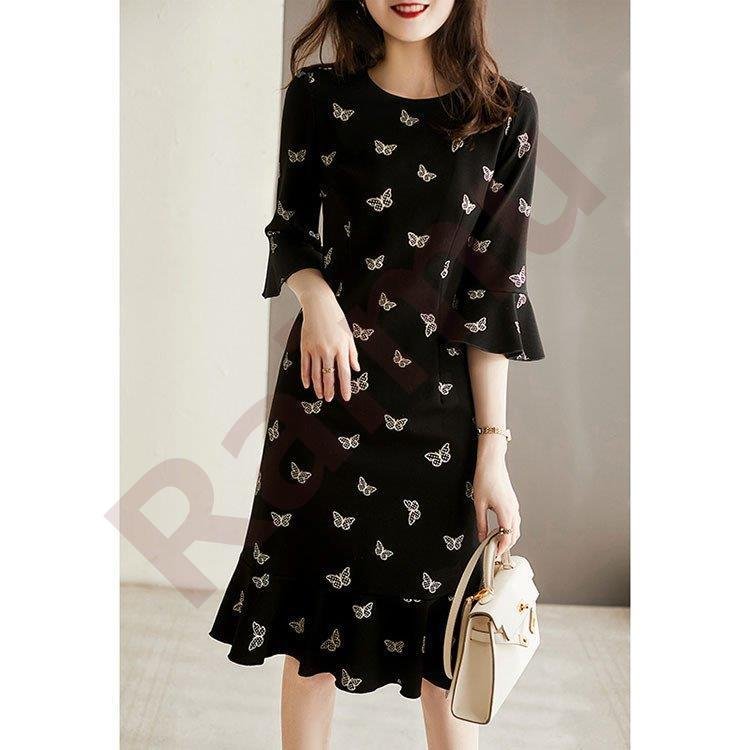 新作追加 ワンピース レディース 40代 きれいめ 膝丈ワンピース 春五分袖ワンピース 蝶プリント マーメ