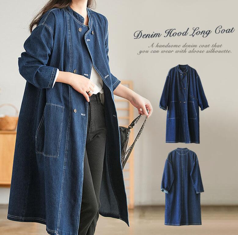 デニムコート レディース ワンピース ロング アウター トレンチコート スプリングコート ライトアウター 羽織 長袖 スタンドネック ロング丈デニムコート デニムワンピース デニムシャツワンピース