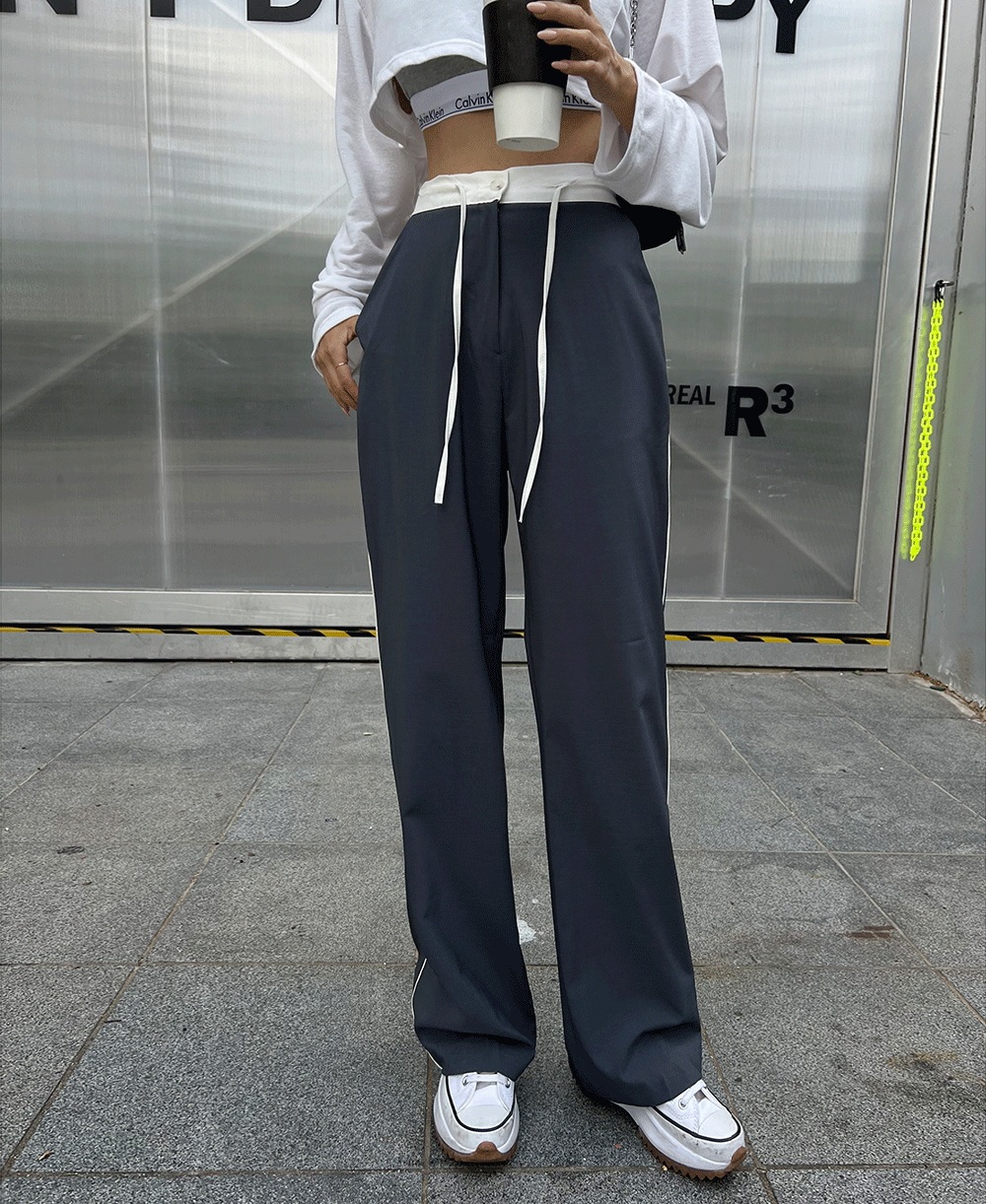 (ポイントクアンク) 帯 配色 ピンストライプ ワイド パンツ(3color)ロングパンツ