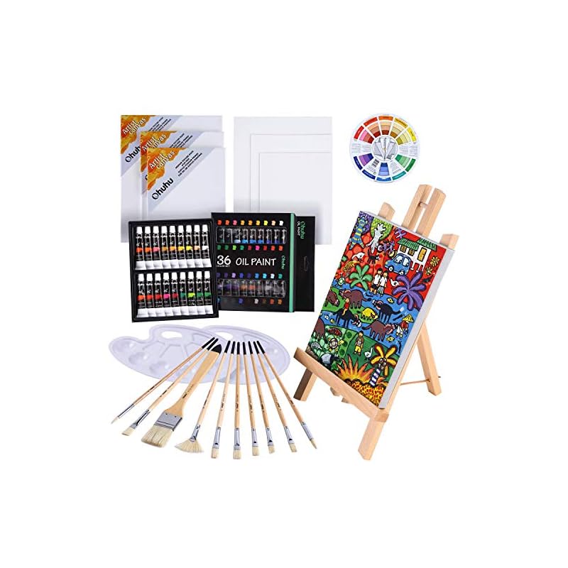 Ohuhu 油絵具 セット 56点セット 36色 油絵 油絵の具 絵画 画材 絵の具セット 初心者 大人 男の子 女の子 木製イーゼル 張りキャンバス 油彩筆 パレット カラーホイール