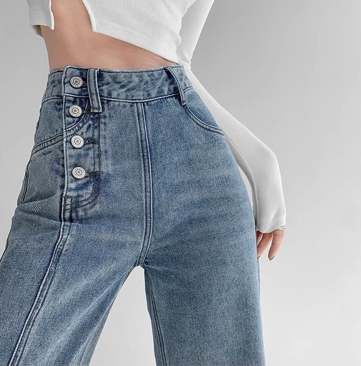 【即納】ドレープ感のあるストレートレッグパンツ ローカット ルーズフィット レディース ジーンズ ハイウエスト ボタン列 不規則