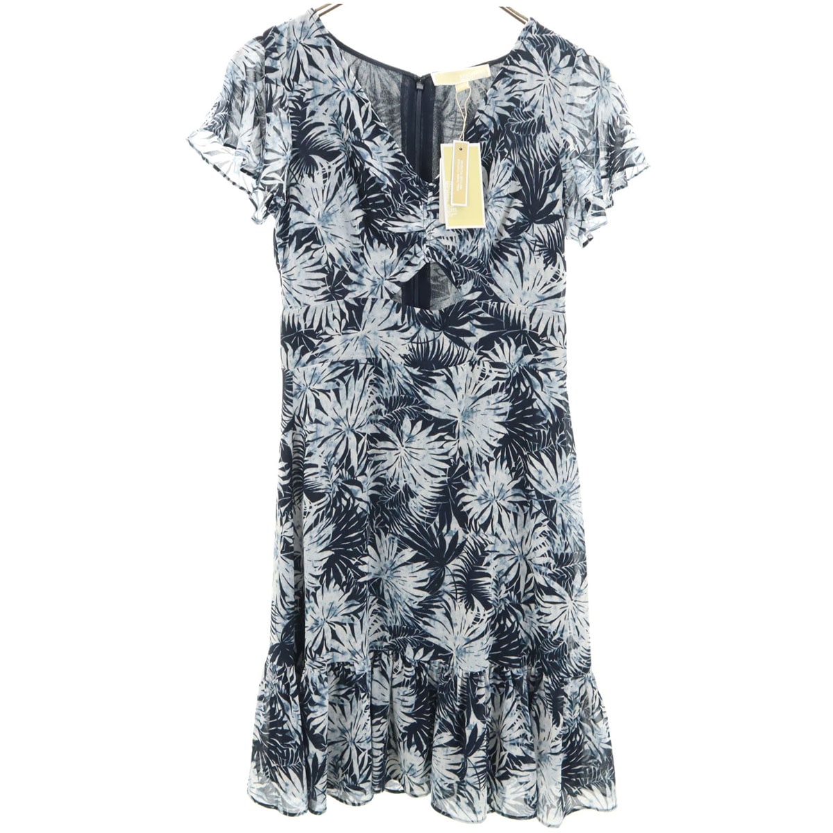 未使用 MICHAEL MICHAEL KORS マイケルマイケルコース 総柄 フレンチスリーブ 膝丈ワンピース 0 0 ネイビー系 レディース 古着