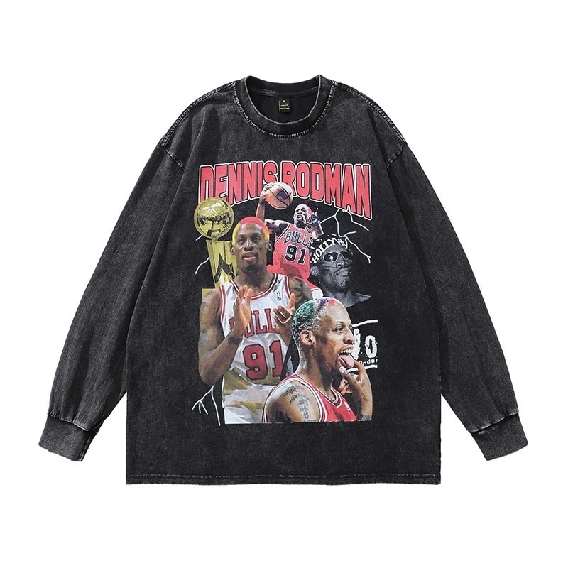 アメリカのヒップホップレトロロッドマンポートレートウォッシュ長袖Tシャツ男性と女性用ストリートファッションブランドヴィンテージダメージボトリングシャツ