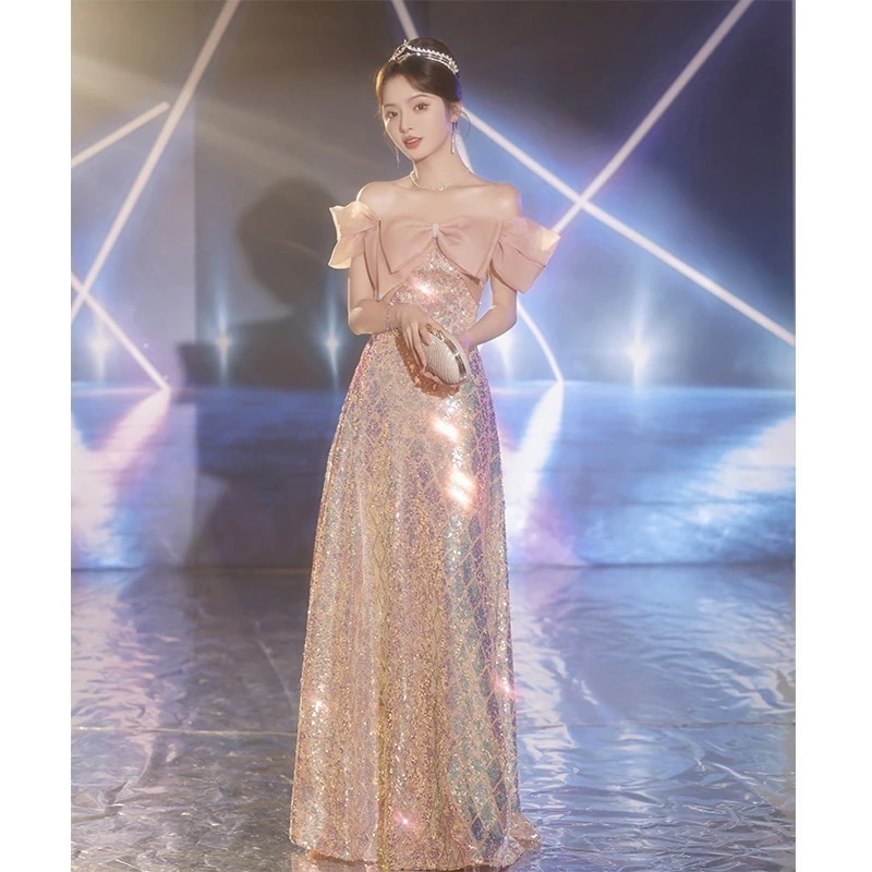 【2枚購入で 3oo円OFF！】女性用ワンショルダードレス2025ピンク誕生日卒業成人式美術試験スパンコールドレス