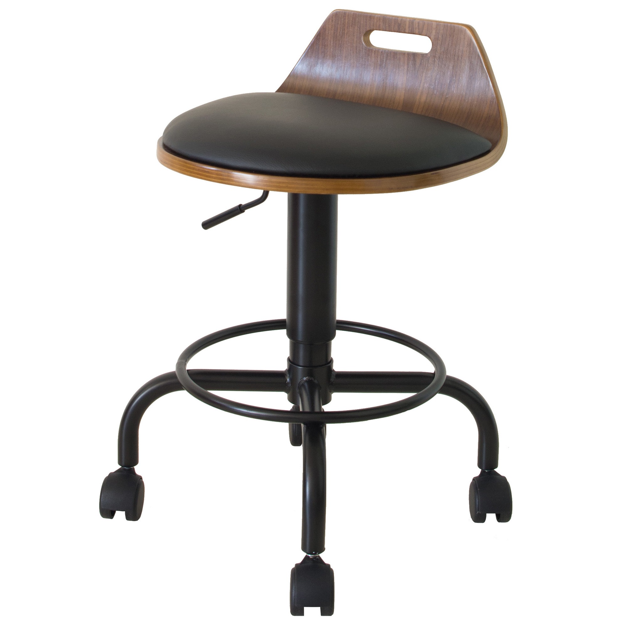 カウンターチェアにもなるワークチェア 360度回転 キャスター移動 レザー／天然木