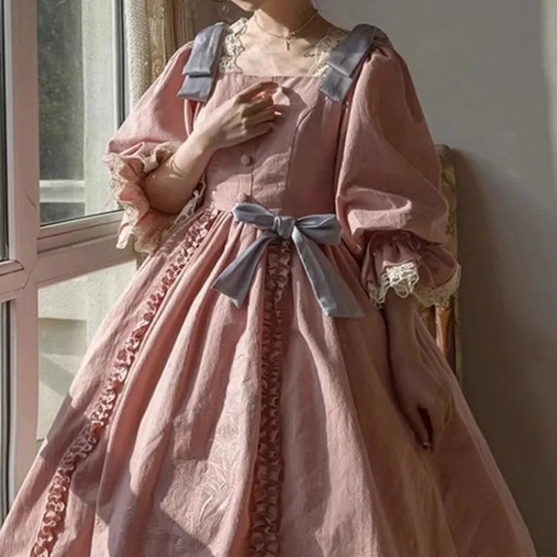 宮殿スタイルのロリータピンクのプリンセスドレスフランスのレトロなドレスロリータヘビードレス送料無料