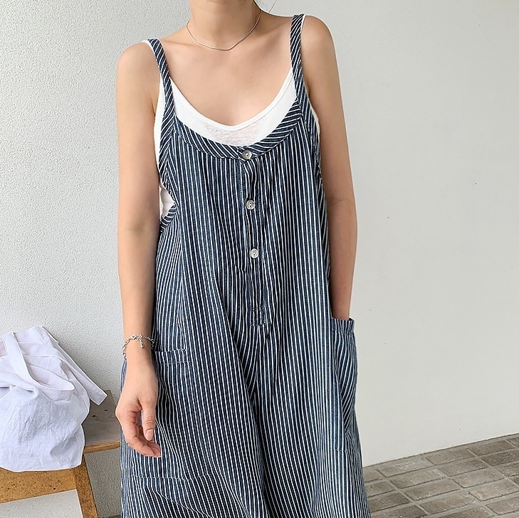 オールインワン ワイドレッグ パンツ ジャンプスーツ サロペット ネイビー 黒 チェック 韓国 レディース オルチャン 袖なし ノースリーブ ラウンドネック フレア セミフレア ワイド 4,898円