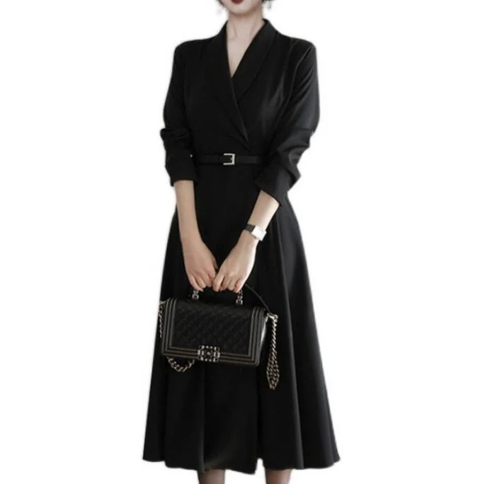 長袖ミドル丈レディースファッションVネックAラインおしゃれ無地ワンピース黒ワンピース 5,518円