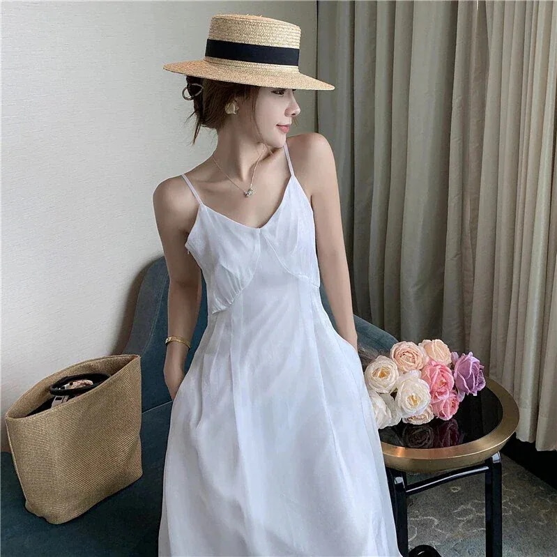 スタイルの女性の白い月光スカートストリーマー糸白いサスペンダードレス