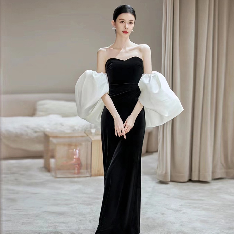 ブラックストラップレスドレス2025テールエンゲージメントスカートスカートホストドレスロング