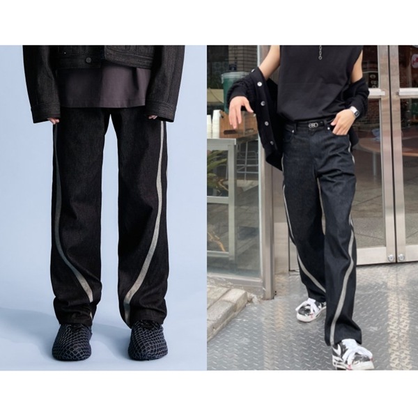 ADDOFF WAVE CURL LINE WIDE DENIM PANTS BLACK