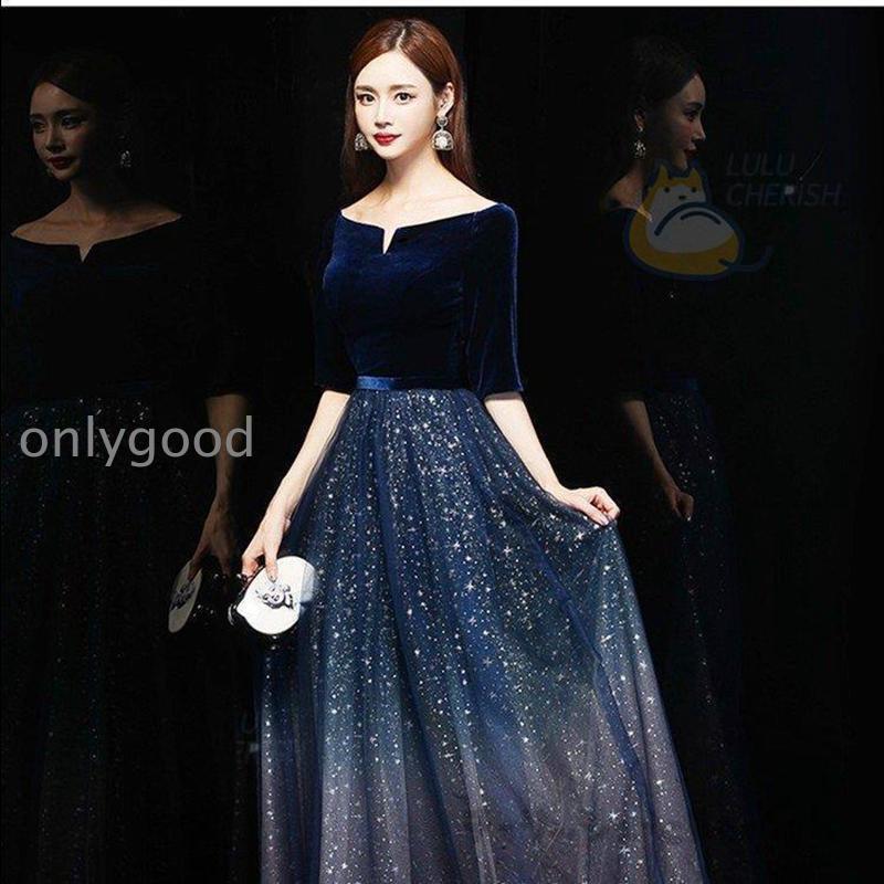 ロングドレス 演奏会 結婚式 ドレス 袖あり マキシ丈 aライン パーティードレス ノ 発表会 二次会 ウェ 花嫁 上品 大人 高級 紺 卒業式