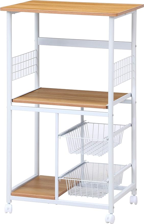 キッチンワゴン キャスター付 レンジ台 幅 60× 奥行 46× 高さ 103.5cm スライド棚引き出し収納 バスケット付 ホワイトナチュラル