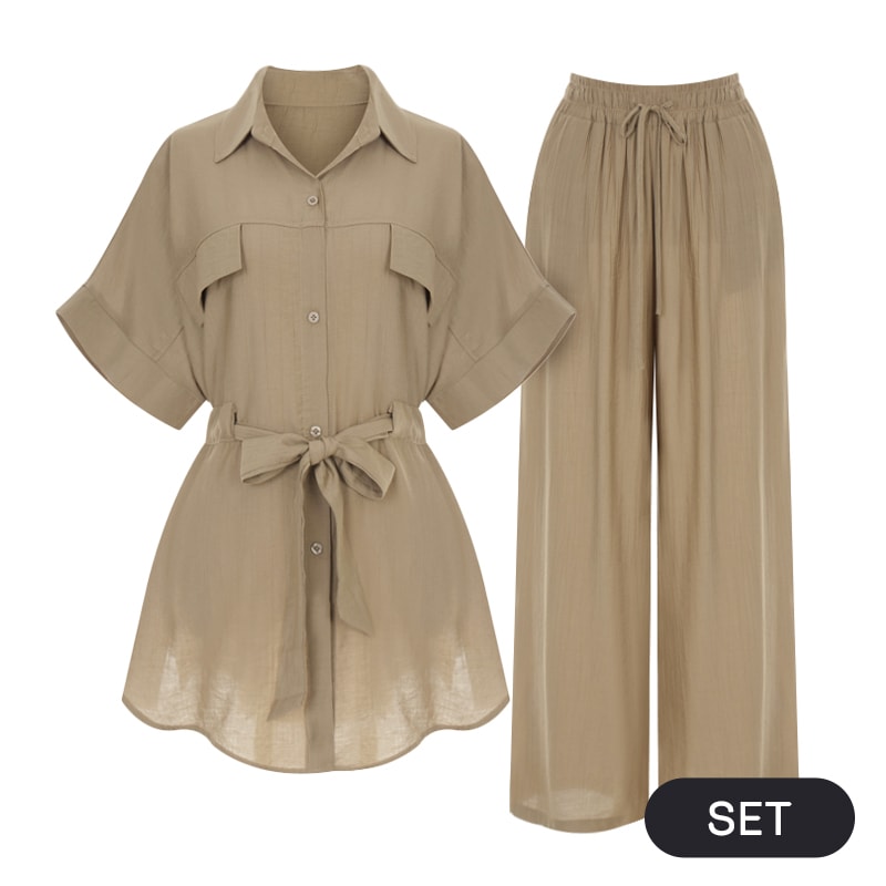 【メガ割 最大20％OFF】トレンドセットアップ　ベルト付きロングシャツ＆パンツ
