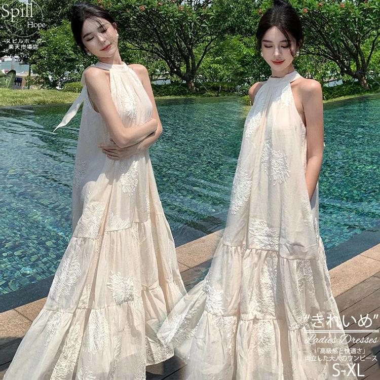 母の日【夏の】【出荷が迅速】ベージュ ドレス ワンピース 刺繍 ラウンドネック ロングドレス ボヘミアン きれいめ ロング丈 ロング レディース レース ロングドレス シンプル 春 夏 かわいい