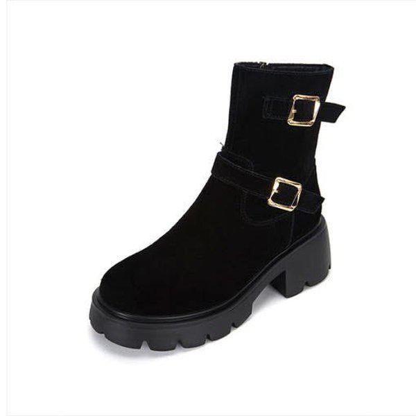 女性ツーバックルポイントチャンキーアンクルブーツ 6CM(516522657)