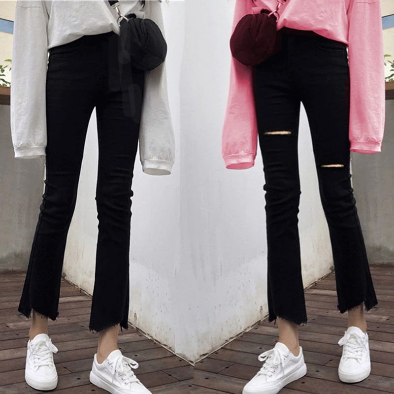 ダメージジーンズ スキニーパンツ ジーンズの女子学生は背が高くて腰がゆったりして痩せているフレアーパンツ