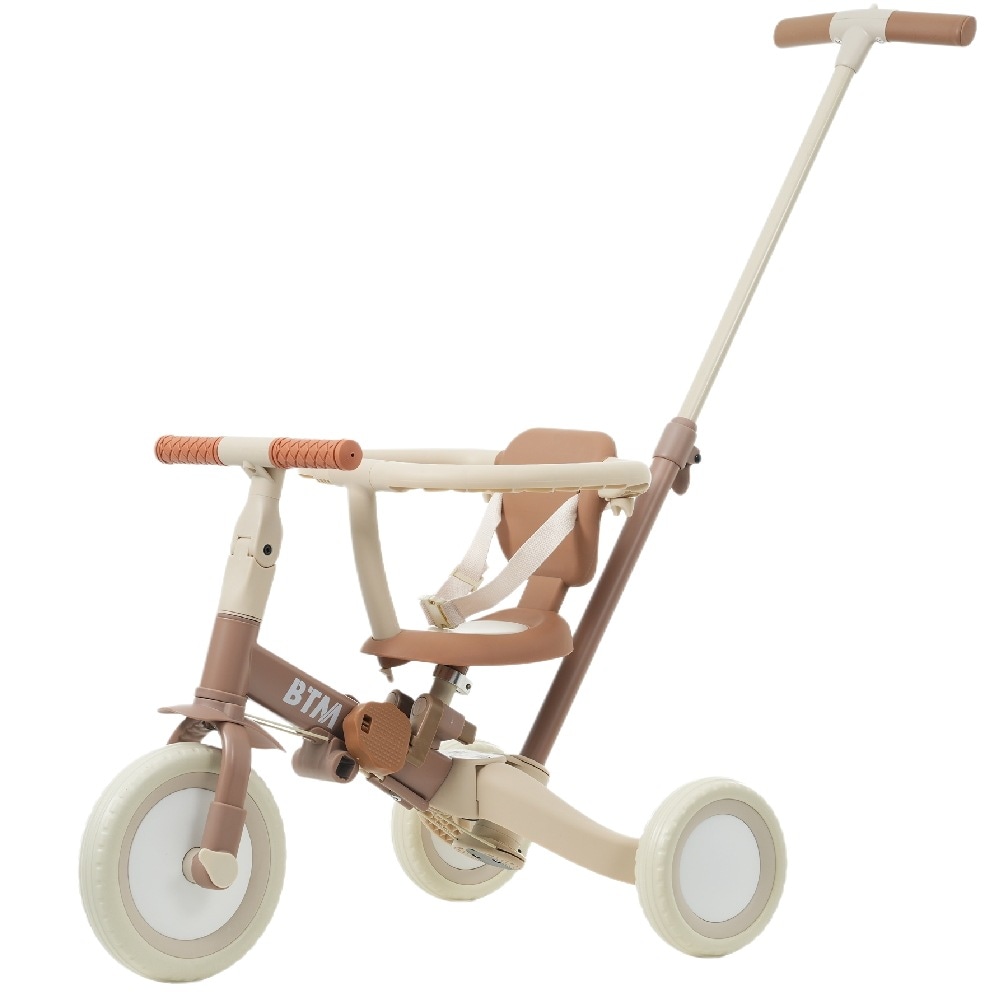 【MS295471 NEW COLOR:ベージュ×ブラウン】子供用三輪車 5in1 自転車 オリジナル 押し棒付き 安全バー付き キックボード
