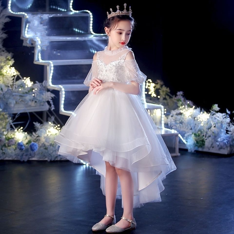 【子用ドレス】子ドレスプリンセスドレスフラワーガールホワイトバースデーチュチュ女の子プレゼンター前が短く後ろが長いパフォーマンスドレスファッショナブル