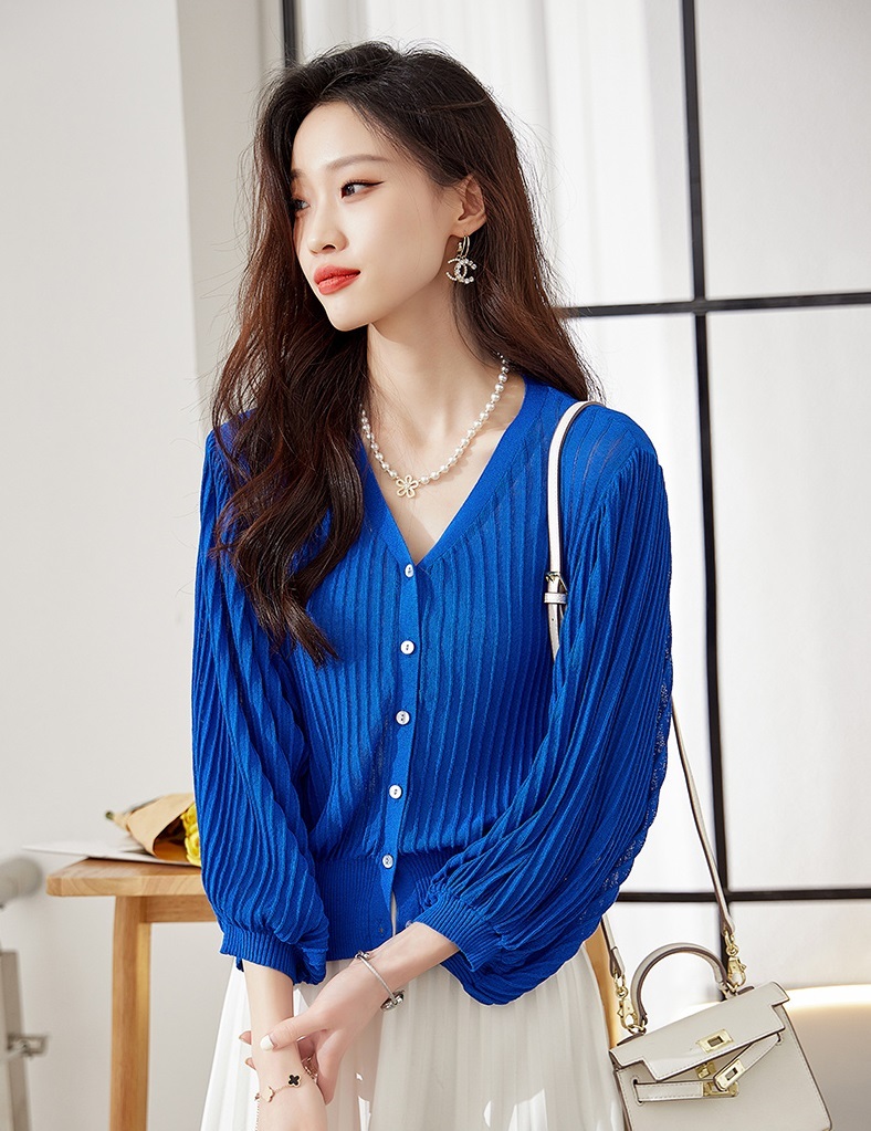 エレガント スタイリッシュ セクション シック プリーツ ランタンスリーブ ニット カーディガン V ネック ルーズ トップ 女性 夏 ブラック ブルー ホワイト M L XL トップス 袖あり