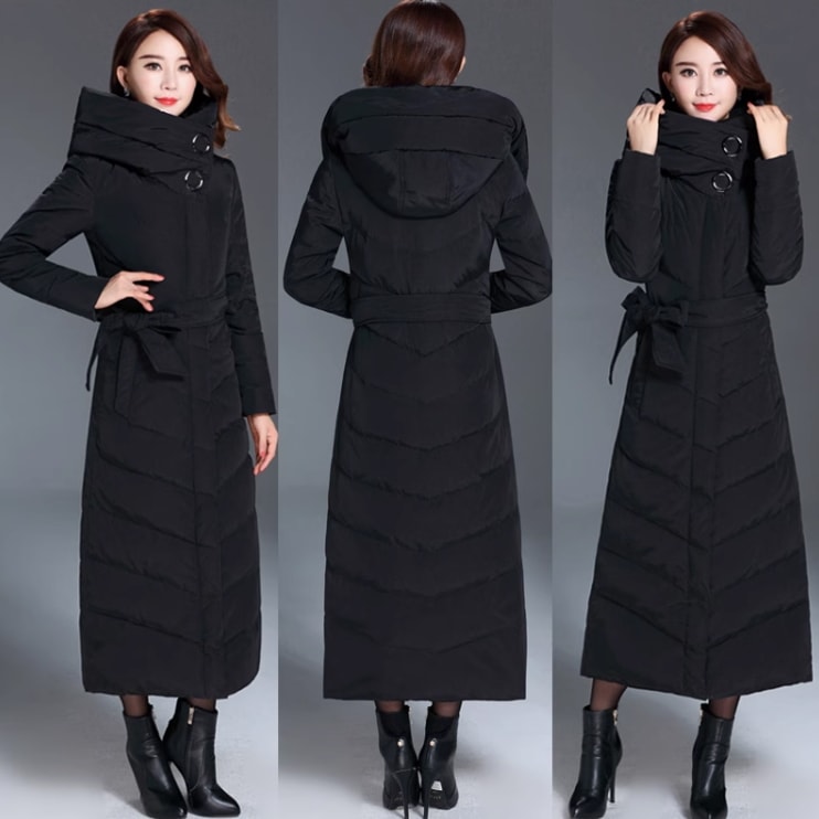 アウター ダウンコート コート ロング ロング丈 袖あり 長袖 ハイネック 襟なし リボン ウエストリボン ふわふわ フード付き ファスナー ポケット 前開き ダウン 厚手 かわいい 大人可愛いダウンジャケット・コート