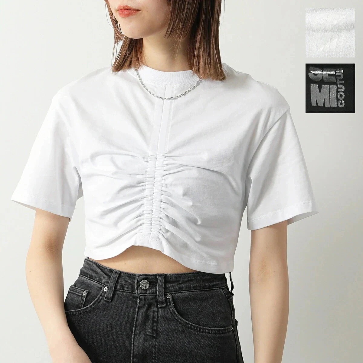 Semicouture セミクチュール 半袖 Tシャツ Y4SJ02 レディース カットソー ショート丈 ギャザー コットン クルーネック カラー2色