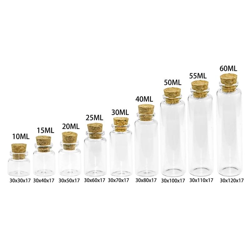 コルクストッパー付きの透明なガラス瓶,空のスパイクボトル,25,30ml,40ml,50ml,24個,10ml,15ml,20ml,25ml