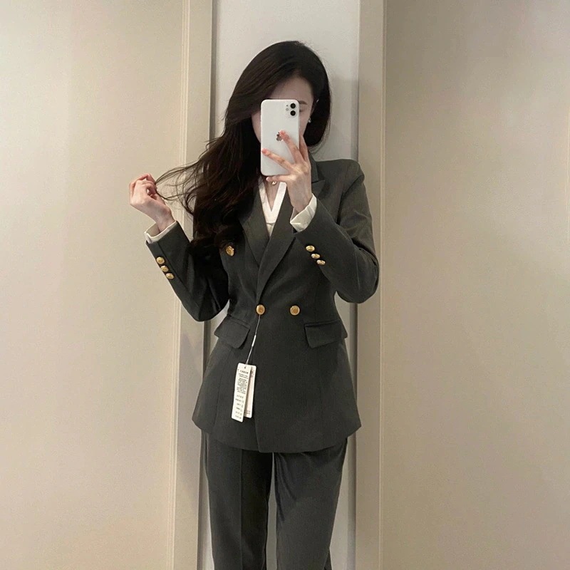 ハイエンドのカスタマイズ-グレースーツスーツ女性のための 2025 春と秋の新しいカジュアルスーツジャケット学生フォーマル 2 点セット